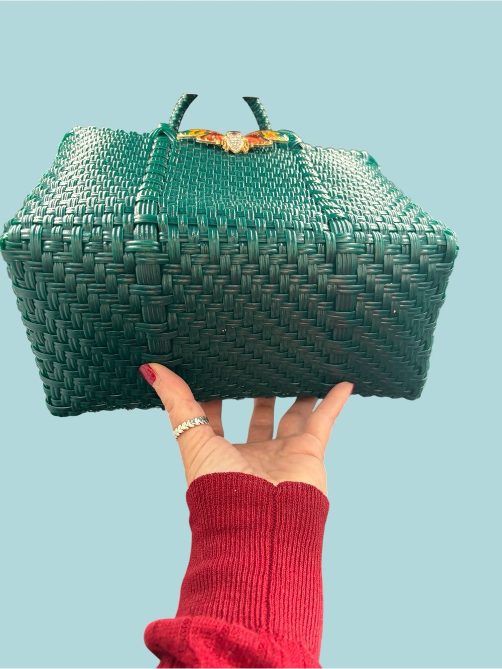 Emerald Green Woven Basket Handbag with Colorful Moth Accent - Picture 6 of 8